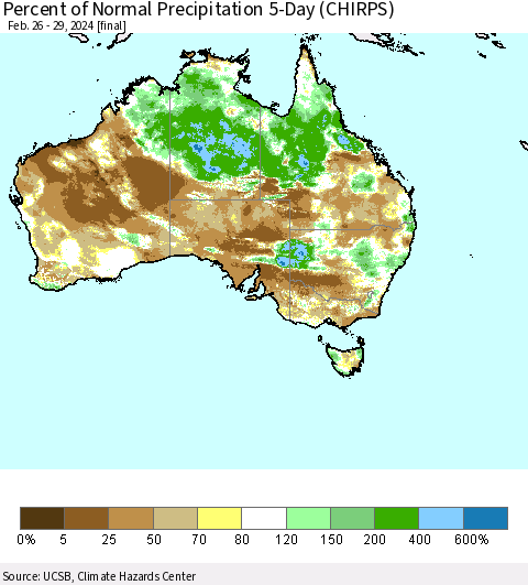 Australia Percent of Normal Precipitation 5-Day (CHIRPS) Thematic Map For 2/26/2024 - 2/29/2024