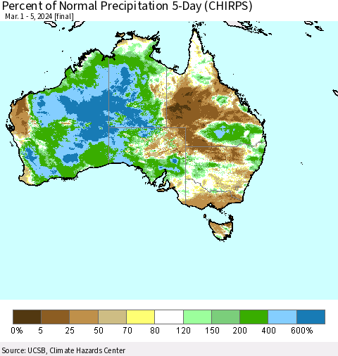 Australia Percent of Normal Precipitation 5-Day (CHIRPS) Thematic Map For 3/1/2024 - 3/5/2024