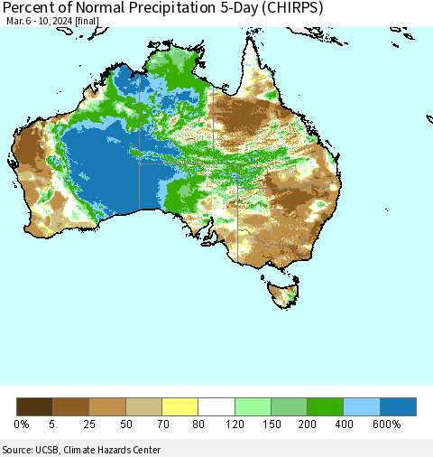 Australia Percent of Normal Precipitation 5-Day (CHIRPS) Thematic Map For 3/6/2024 - 3/10/2024
