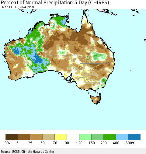 Australia Percent of Normal Precipitation 5-Day (CHIRPS) Thematic Map For 3/11/2024 - 3/15/2024