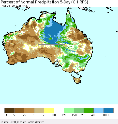 Australia Percent of Normal Precipitation 5-Day (CHIRPS) Thematic Map For 3/16/2024 - 3/20/2024