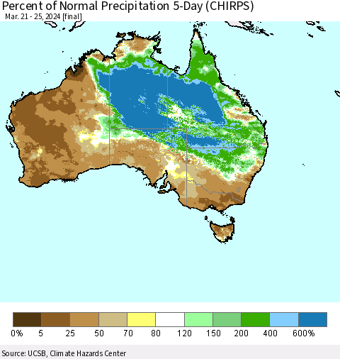 Australia Percent of Normal Precipitation 5-Day (CHIRPS) Thematic Map For 3/21/2024 - 3/25/2024