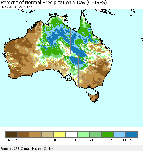 Australia Percent of Normal Precipitation 5-Day (CHIRPS) Thematic Map For 3/26/2024 - 3/31/2024