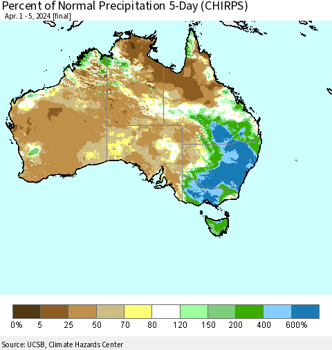 Australia Percent of Normal Precipitation 5-Day (CHIRPS) Thematic Map For 4/1/2024 - 4/5/2024