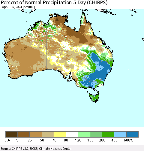 Australia Percent of Normal Precipitation 5-Day (CHIRPS) Thematic Map For 4/1/2024 - 4/5/2024