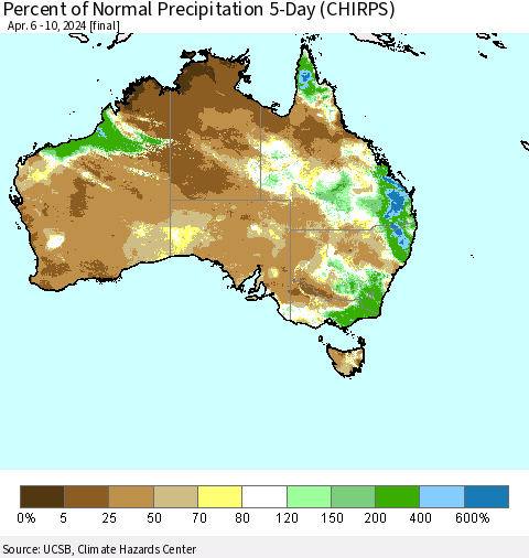 Australia Percent of Normal Precipitation 5-Day (CHIRPS) Thematic Map For 4/6/2024 - 4/10/2024