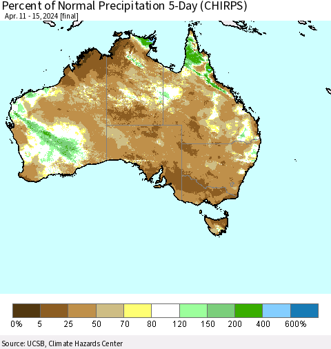 Australia Percent of Normal Precipitation 5-Day (CHIRPS) Thematic Map For 4/11/2024 - 4/15/2024