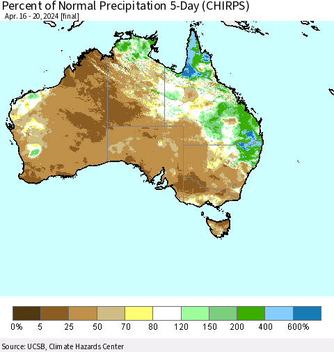 Australia Percent of Normal Precipitation 5-Day (CHIRPS) Thematic Map For 4/16/2024 - 4/20/2024