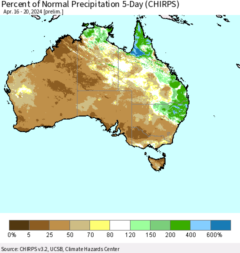 Australia Percent of Normal Precipitation 5-Day (CHIRPS) Thematic Map For 4/16/2024 - 4/20/2024
