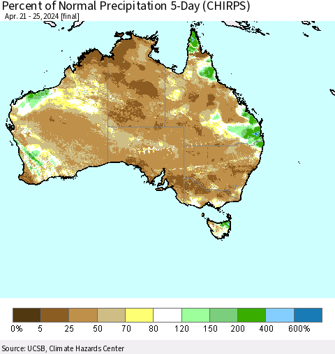 Australia Percent of Normal Precipitation 5-Day (CHIRPS) Thematic Map For 4/21/2024 - 4/25/2024