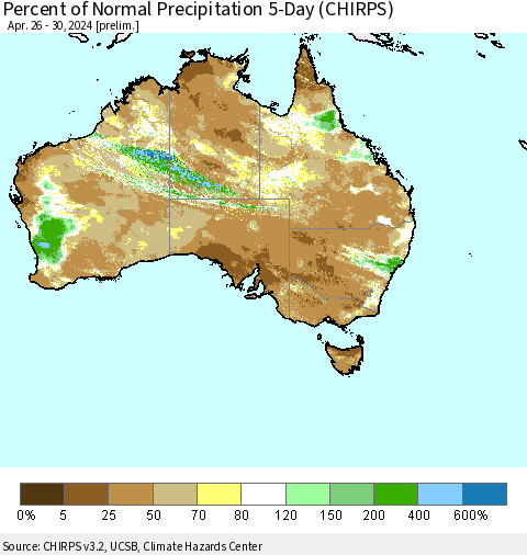 Australia Percent of Normal Precipitation 5-Day (CHIRPS) Thematic Map For 4/26/2024 - 4/30/2024