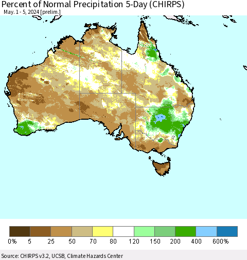 Australia Percent of Normal Precipitation 5-Day (CHIRPS) Thematic Map For 5/1/2024 - 5/5/2024