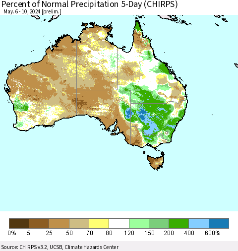 Australia Percent of Normal Precipitation 5-Day (CHIRPS) Thematic Map For 5/6/2024 - 5/10/2024