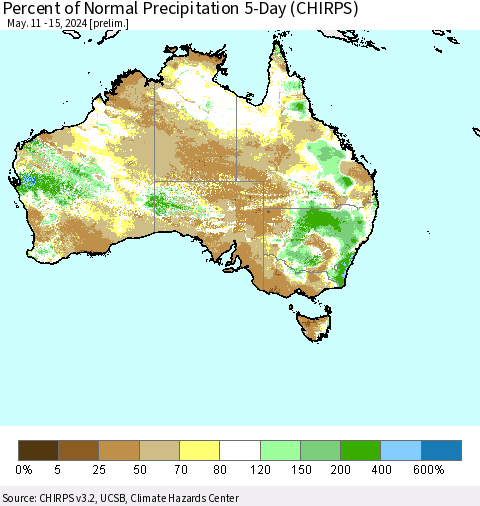 Australia Percent of Normal Precipitation 5-Day (CHIRPS) Thematic Map For 5/11/2024 - 5/15/2024