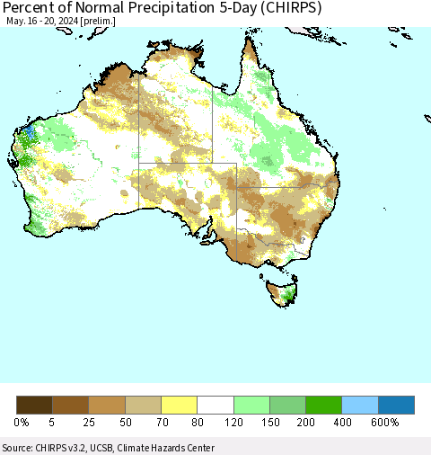 Australia Percent of Normal Precipitation 5-Day (CHIRPS) Thematic Map For 5/16/2024 - 5/20/2024
