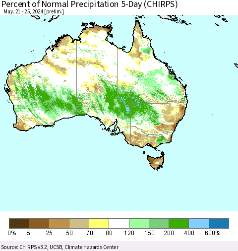 Australia Percent of Normal Precipitation 5-Day (CHIRPS) Thematic Map For 5/21/2024 - 5/25/2024