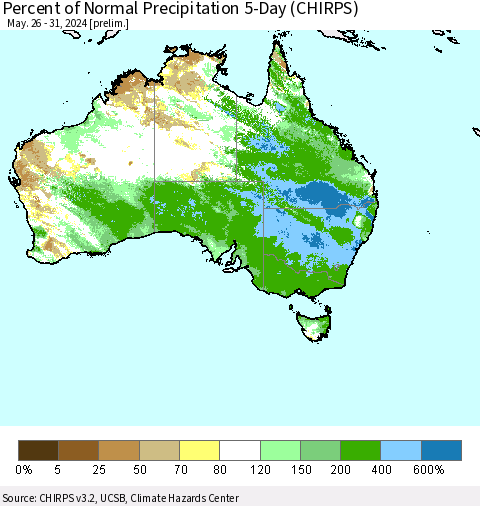 Australia Percent of Normal Precipitation 5-Day (CHIRPS) Thematic Map For 5/26/2024 - 5/31/2024