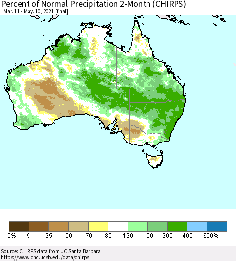 Australia Percent of Normal Precipitation 2-Month (CHIRPS) Thematic Map For 3/11/2021 - 5/10/2021