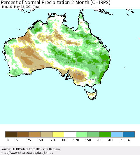 Australia Percent of Normal Precipitation 2-Month (CHIRPS) Thematic Map For 3/16/2021 - 5/15/2021