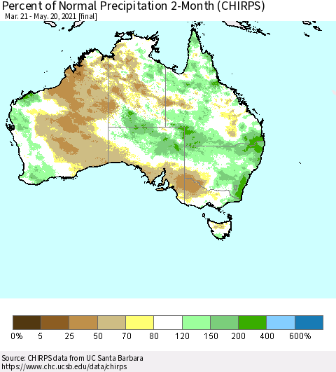 Australia Percent of Normal Precipitation 2-Month (CHIRPS) Thematic Map For 3/21/2021 - 5/20/2021