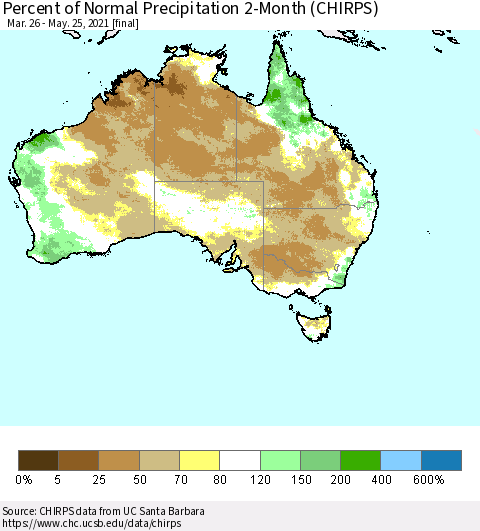 Australia Percent of Normal Precipitation 2-Month (CHIRPS) Thematic Map For 3/26/2021 - 5/25/2021