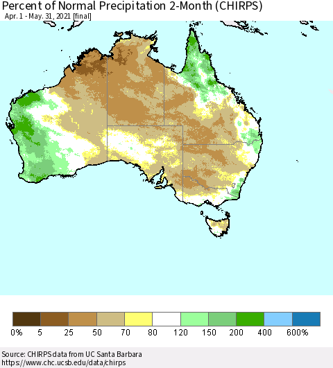 Australia Percent of Normal Precipitation 2-Month (CHIRPS) Thematic Map For 4/1/2021 - 5/31/2021