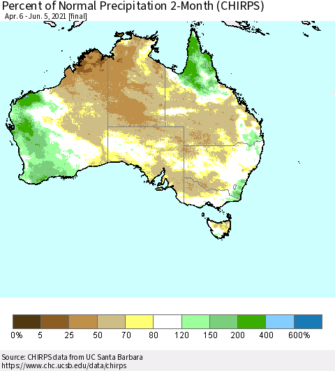 Australia Percent of Normal Precipitation 2-Month (CHIRPS) Thematic Map For 4/6/2021 - 6/5/2021