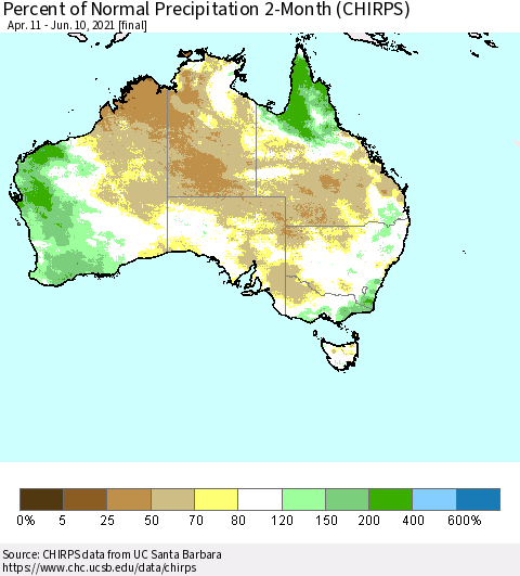 Australia Percent of Normal Precipitation 2-Month (CHIRPS) Thematic Map For 4/11/2021 - 6/10/2021