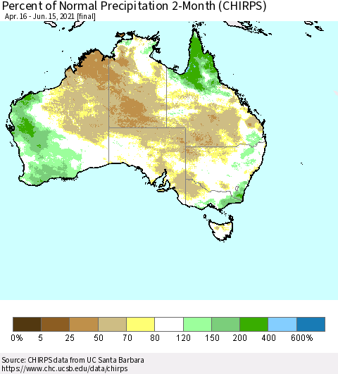 Australia Percent of Normal Precipitation 2-Month (CHIRPS) Thematic Map For 4/16/2021 - 6/15/2021