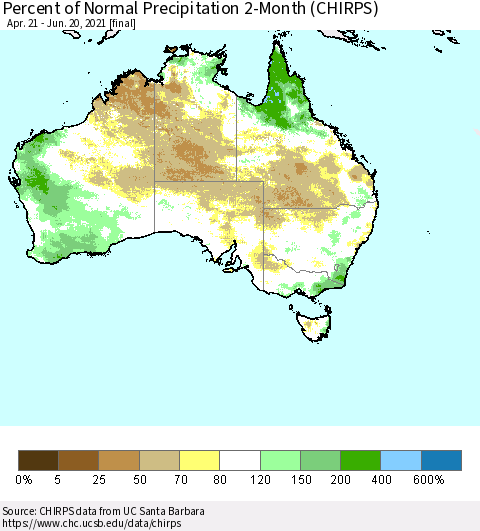Australia Percent of Normal Precipitation 2-Month (CHIRPS) Thematic Map For 4/21/2021 - 6/20/2021