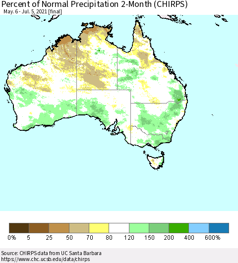Australia Percent of Normal Precipitation 2-Month (CHIRPS) Thematic Map For 5/6/2021 - 7/5/2021