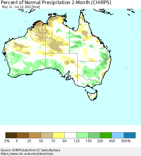 Australia Percent of Normal Precipitation 2-Month (CHIRPS) Thematic Map For 5/11/2021 - 7/10/2021