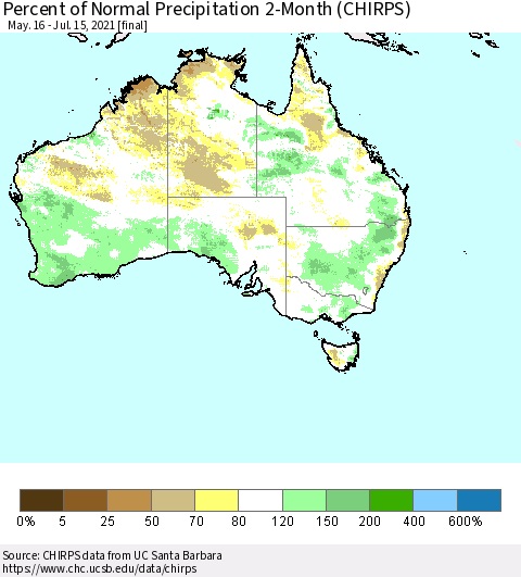 Australia Percent of Normal Precipitation 2-Month (CHIRPS) Thematic Map For 5/16/2021 - 7/15/2021