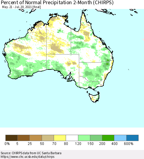 Australia Percent of Normal Precipitation 2-Month (CHIRPS) Thematic Map For 5/21/2021 - 7/20/2021
