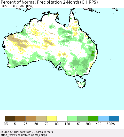 Australia Percent of Normal Precipitation 2-Month (CHIRPS) Thematic Map For 6/1/2021 - 7/31/2021