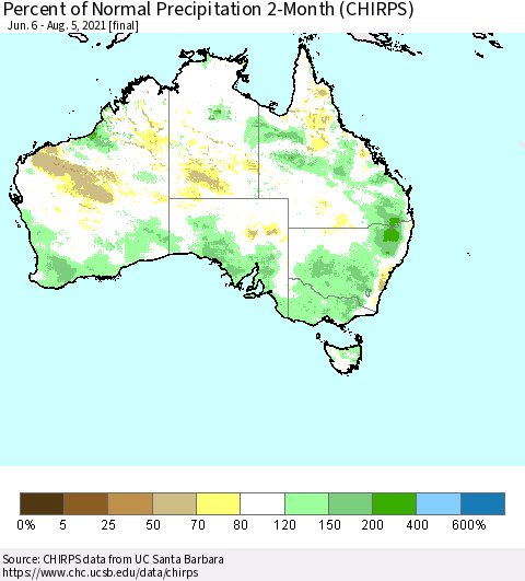 Australia Percent of Normal Precipitation 2-Month (CHIRPS) Thematic Map For 6/6/2021 - 8/5/2021