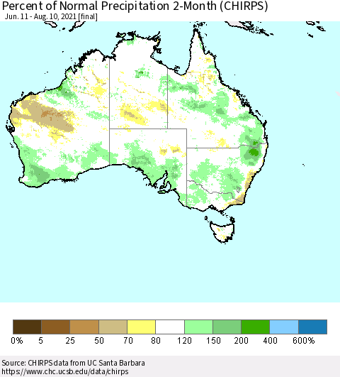 Australia Percent of Normal Precipitation 2-Month (CHIRPS) Thematic Map For 6/11/2021 - 8/10/2021