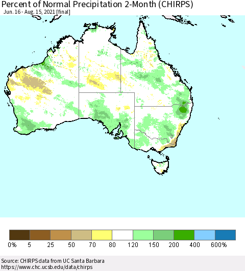 Australia Percent of Normal Precipitation 2-Month (CHIRPS) Thematic Map For 6/16/2021 - 8/15/2021