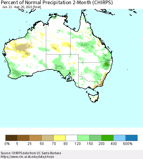 Australia Percent of Normal Precipitation 2-Month (CHIRPS) Thematic Map For 6/21/2021 - 8/20/2021