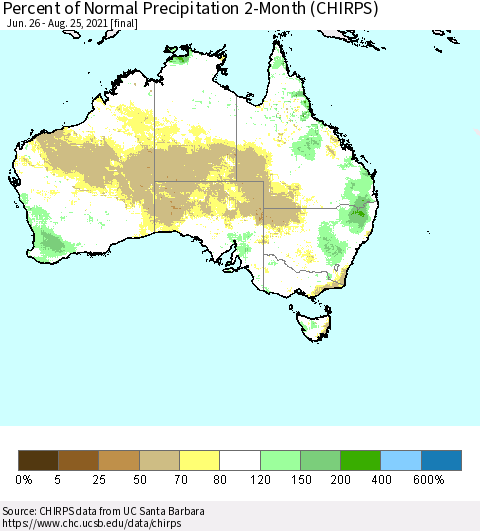 Australia Percent of Normal Precipitation 2-Month (CHIRPS) Thematic Map For 6/26/2021 - 8/25/2021