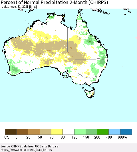 Australia Percent of Normal Precipitation 2-Month (CHIRPS) Thematic Map For 7/1/2021 - 8/31/2021