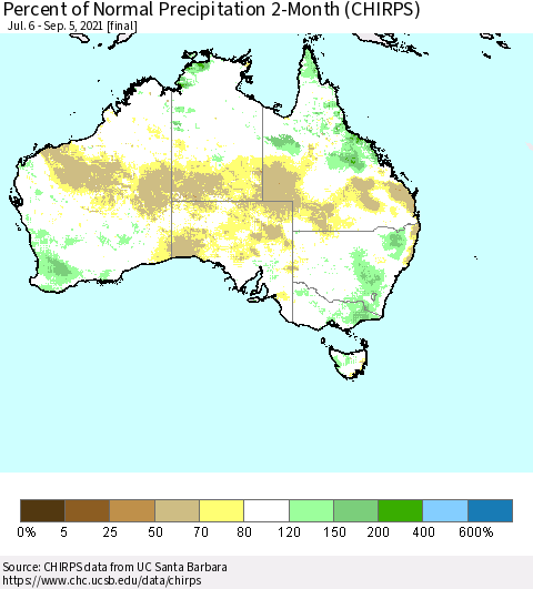 Australia Percent of Normal Precipitation 2-Month (CHIRPS) Thematic Map For 7/6/2021 - 9/5/2021