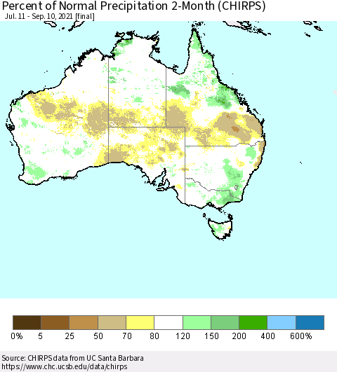 Australia Percent of Normal Precipitation 2-Month (CHIRPS) Thematic Map For 7/11/2021 - 9/10/2021