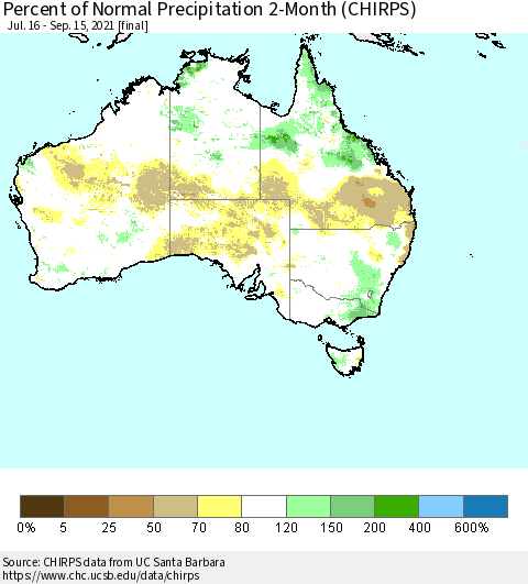 Australia Percent of Normal Precipitation 2-Month (CHIRPS) Thematic Map For 7/16/2021 - 9/15/2021