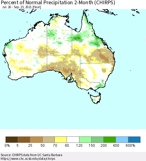 Australia Percent of Normal Precipitation 2-Month (CHIRPS) Thematic Map For 7/26/2021 - 9/25/2021