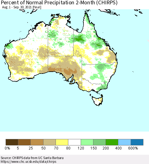 Australia Percent of Normal Precipitation 2-Month (CHIRPS) Thematic Map For 8/1/2021 - 9/30/2021