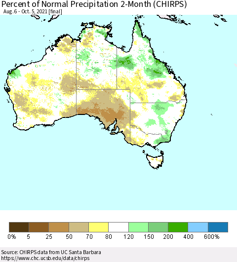 Australia Percent of Normal Precipitation 2-Month (CHIRPS) Thematic Map For 8/6/2021 - 10/5/2021