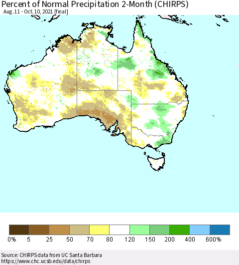 Australia Percent of Normal Precipitation 2-Month (CHIRPS) Thematic Map For 8/11/2021 - 10/10/2021