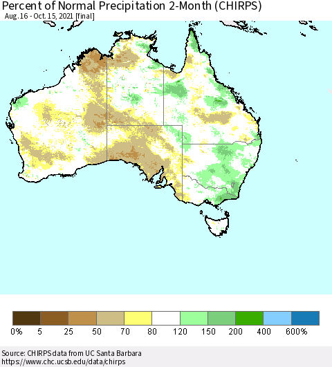 Australia Percent of Normal Precipitation 2-Month (CHIRPS) Thematic Map For 8/16/2021 - 10/15/2021
