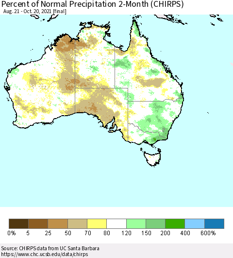 Australia Percent of Normal Precipitation 2-Month (CHIRPS) Thematic Map For 8/21/2021 - 10/20/2021